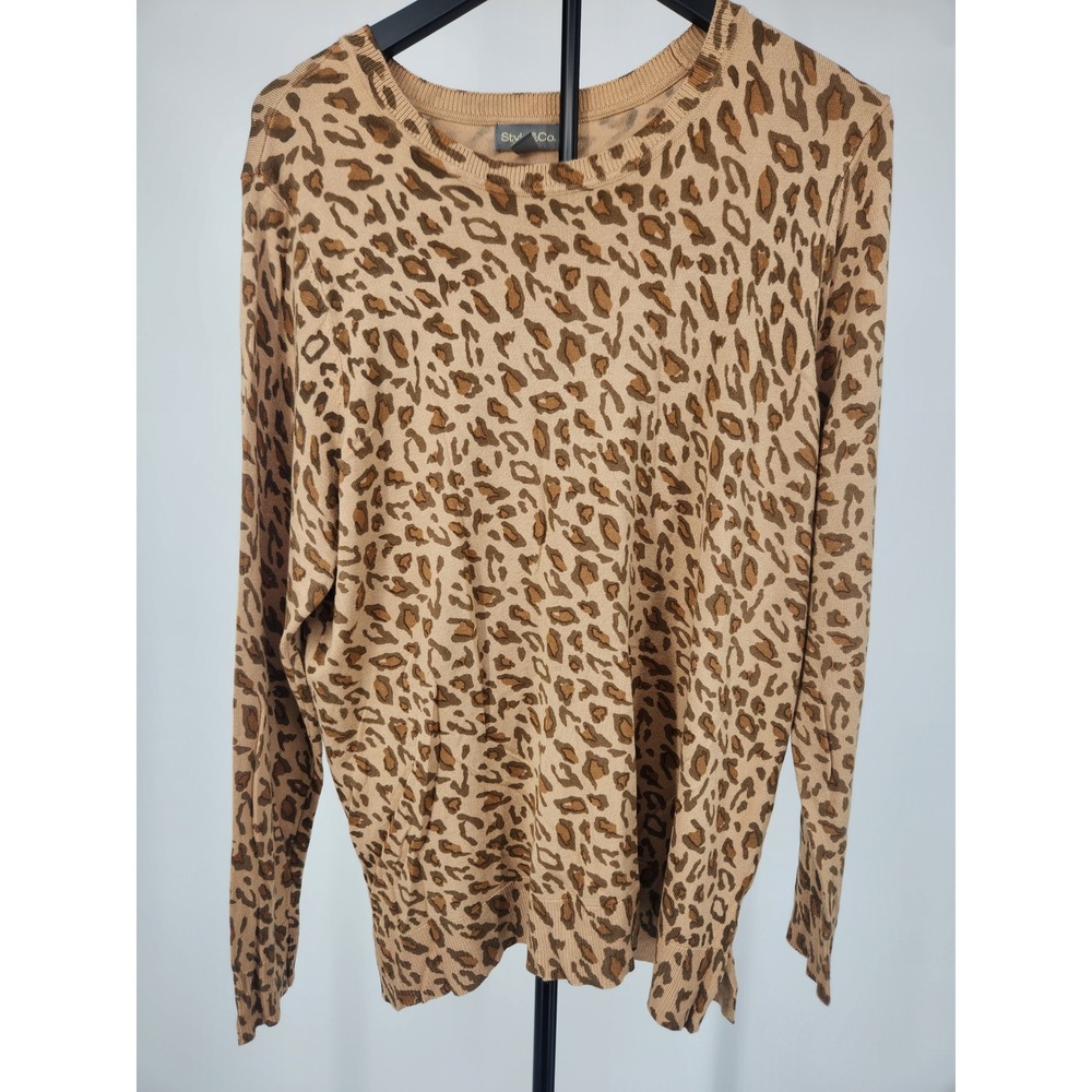 Style & Co Womens Leopard Print Crewneck Sweater Tan Brown Animal Print XL